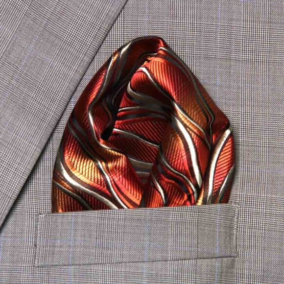 Gascoigne Pocket Square Orange Brown White Wavy Stripes Pattern Men's - Picture 1 of 2